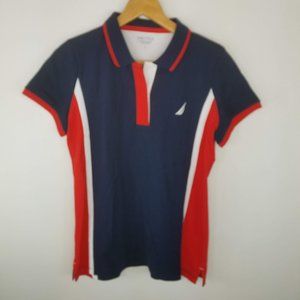 Nautica Womens Navy Blue Red White VNeck Polo